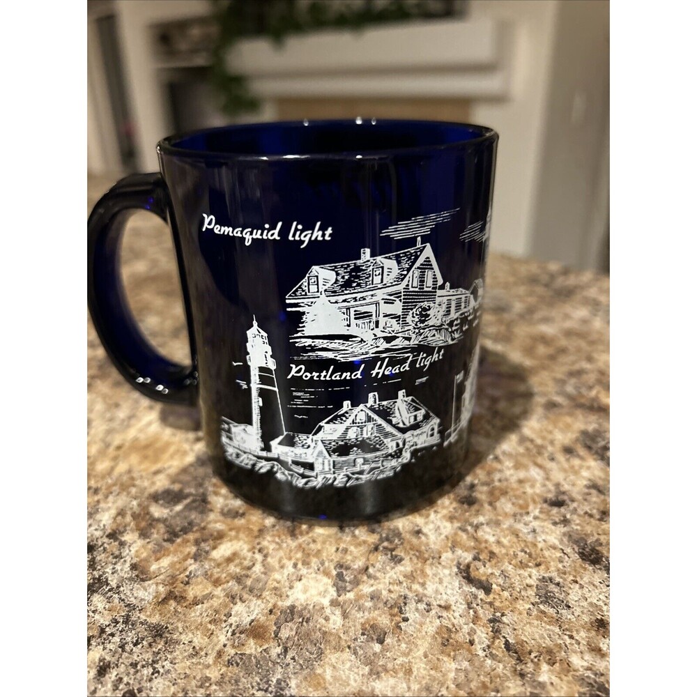 Maine Light House Coffee Cup Mug Tea BLUE GLASS 2 Sided